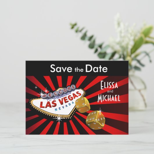Las Vegas Starburst Save the Date red black gold (Staand voorkant)