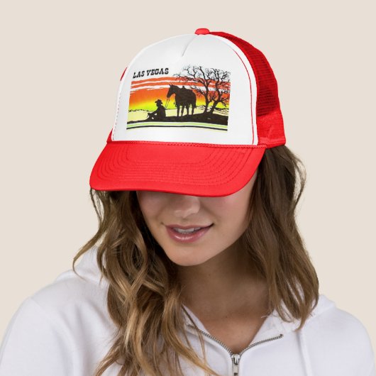 Las Vegas Sunset Cowboy Trucker Hat Pet (In situ)