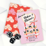 Las Vegas Trouwhart teken Kaart<br><div class="desc">Bruiloft in Las Vegas met hartvormig teken en leuke lettertypen met een mod retro vibe. Kenmerken Vegas teken en hart dobbelstenen met funky kleuren van roze, rood, sinaasappel en zeer licht romig wit. Perfect voor een snelle bruiloft of een all out Vegas feest! Alle bewoordingen kunnen worden gewijzigd behalve het...</div>