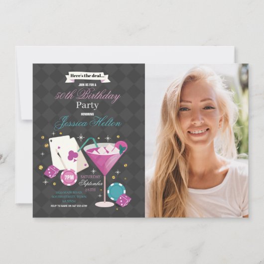 Las Vegas Verjaardag Casino Dice Chips Fotofeest Kaart (Voorkant)