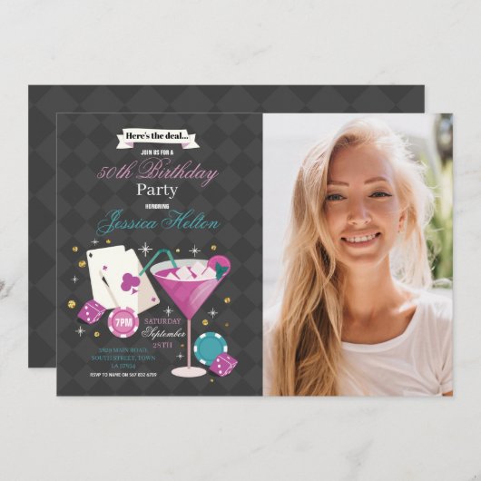 Las Vegas Verjaardag Casino Dice Chips Fotofeest Kaart (Voorkant / Achterkant)