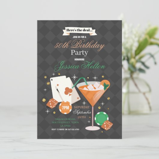 Las Vegas Verjaardag Casino Dice Chips Martini Par Kaart (Staand voorkant)