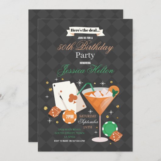 Las Vegas Verjaardag Casino Dice Chips Martini Par Kaart (Voorkant / Achterkant)