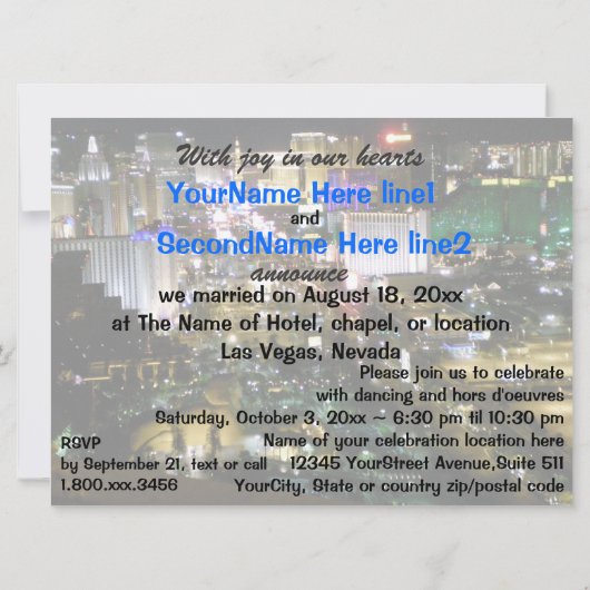 Las Vegas Wedding Announce and Reception Invite Kaart (Achterkant)