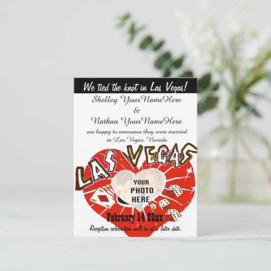 Las Vegas Wedding Announcement Black White Red Kaart (Staand voorkant)