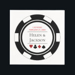 Las Vegas Wedding Black en White Poker Chip Servet<br><div class="desc">Verbluf je gasten door hun eten te serveren langs deze zwart-witte pokerchip Las Vegas thema papieren servetten. Deze zijn perfect voor een casino avond repetitie diner of voor de tafels bij de receptie. Coördineren van kantoorbenodigdheden en partij benodigdheden beschikbaar.</div>