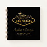 Las Vegas Wedding Casual Guest Book Notitieboek<br><div class="desc">Moderne en elegante,  maar casual persoonlijke zwarte en gouden Las Vegas Wedding Sign. gastenboek,  adviesboek,  of een vrijgezellenfeest cadeaulijstboek met de namen van het paar,  trouwdatum en plaats op de voorste cover gedrukt.</div>