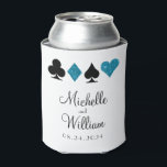 Las Vegas Wedding Koelbox Favor in Turquoise Blikjeskoeler<br><div class="desc">Deze witte koelboxxen zijn het ideale voordeel voor uw gasten of cadeau aan uw bruidsfeestje. Ze hebben een klassiek Las Vegas-motief van faux turquoise glitter-kaartpakken en twee zijden met veel aanpasbare tekst. Markeer je speciale dag met de bruid- en bruidenamen, de trouwdatum en een bericht van bedankt voor je gasten....</div>