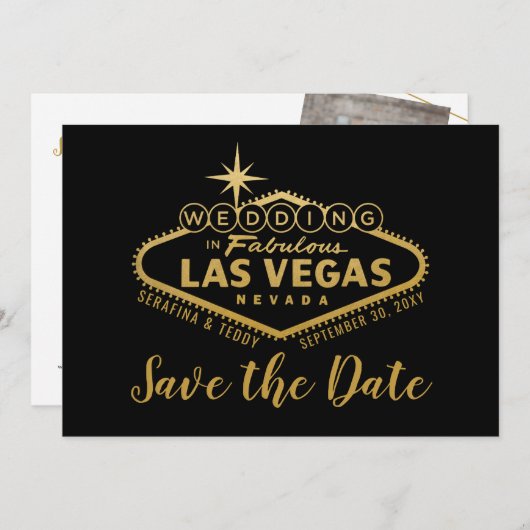 Las Vegas Wedding Photo Save the Date Black Gold (Voorkant / Achterkant)