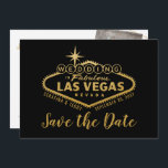 Las Vegas Wedding Photo Save the Date Black Gold<br><div class="desc">Het beroemde Onthaal aan het Teken van Las Vegas (gewijzigd om Wedding in Las Vegas te lezen) in faux gouden folie op een editable kleur zwarte achtergrond sparen de datumkaart met uw eigen foto's in de rug met moderne geometrische abstracte bekledingen van het lijst. Het unieke typografische ontwerp op de...</div>