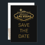 Las Vegas Wedding Save the Date Photo Black Gold<br><div class="desc">Het beroemde Onthaal aan het Teken van Las Vegas (gewijzigd om Wedding in Las Vegas te lezen) in faux gouden folie op een editable kleur zwarte achtergrond sparen de datumkaart met uw eigen foto's in de rug met moderne geometrische abstracte bekledingen van het lijst. Het vun doopvontontwerp op de rug...</div>