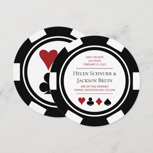 Las Vegas Wedding Save the Date Poker Chip Casino Kaart (Voorkant / Achterkant)