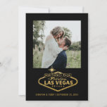 Las Vegas Wedding Sign Black Gold Foto Save The Date<br><div class="desc">Het beroemde Onthaal van Fabulous aan het Teken van Las Vegas (gewijzigd om Wedding in Las Vegas te lezen) in faux goud op een elegante en moderne 5x7 sparen de kaart van de Datum met een editable kleur zwarte achtergrond en gemakkelijk om sjabloon voor uw foto, namen, en datum op...</div>