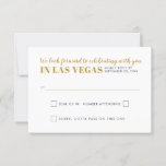 Las Vegas Wedding Sign Funny Gambling Wording RSVP Kaartje<br><div class="desc">Een zwarte en gouden Las Vegas Wedding-reactiekaart met een grappige kaart voor de rsvp-keuzes en een faux gouden "Wedding in Fabulous Las Vegas"-teken op de achterkant. Unieke typografische ontwerpcoördinaten met onze volledige casino- en vegas-stripsuite die beschikbaar is in de Papiergrafiekbestemmingen Zazzle Designer Store. De achtergrond en de tekstkleuren kunnen worden...</div>