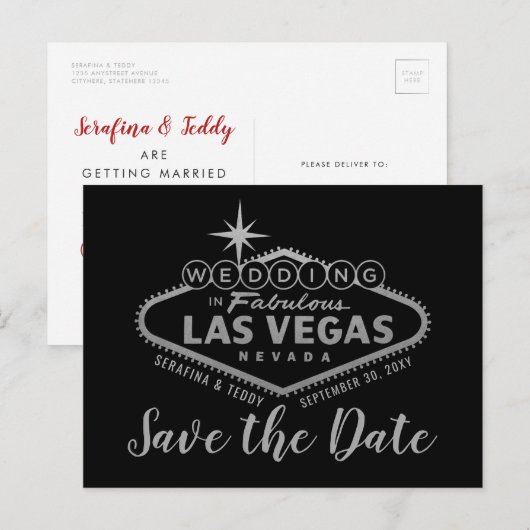 Las Vegas Wedding Silver en Red Save the Date Aankondigingskaart (Voorkant / Achterkant)
