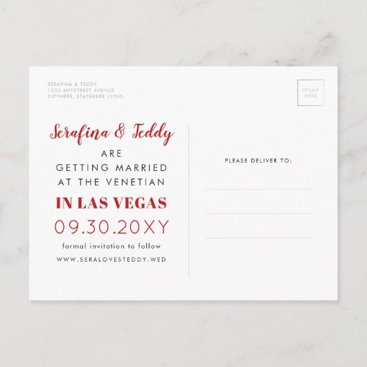 Las Vegas Wedding Silver en Red Save the Date Aankondigingskaart (Achterkant)