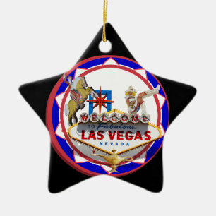 Las Vegas Welkom Bord Rood & Blauw Pokerchip Keramisch Ornament