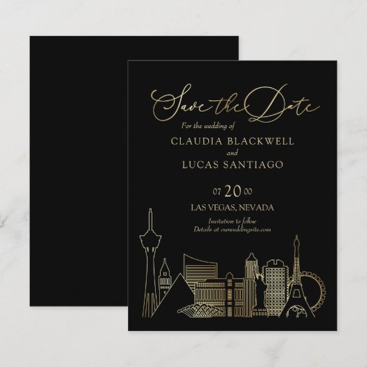 Las Vegas Zwart en Gouden Bruiloft Save The Date (Voorkant / Achterkant)