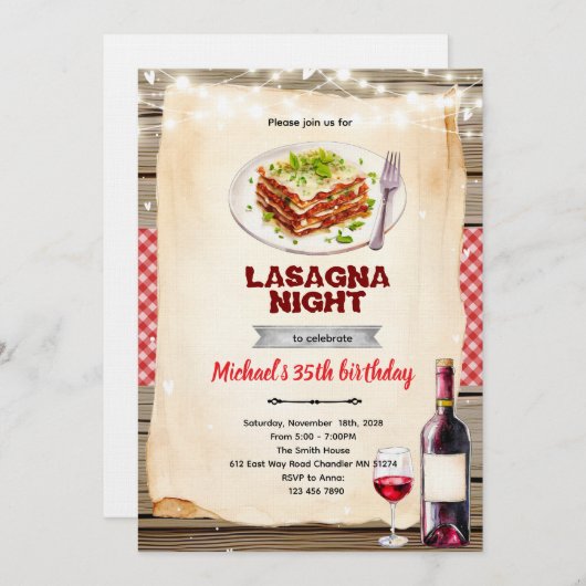 Lasagna and Wine night party invitation Kaart (Voorkant / Achterkant)