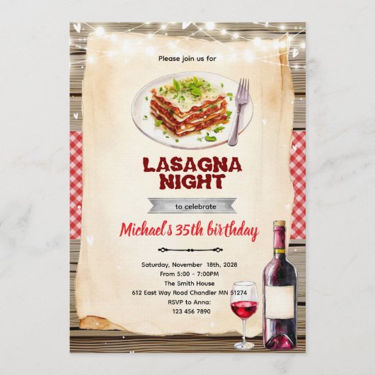 Lasagna- en wijnavond feestuitnodiging kaart (Voorkant)