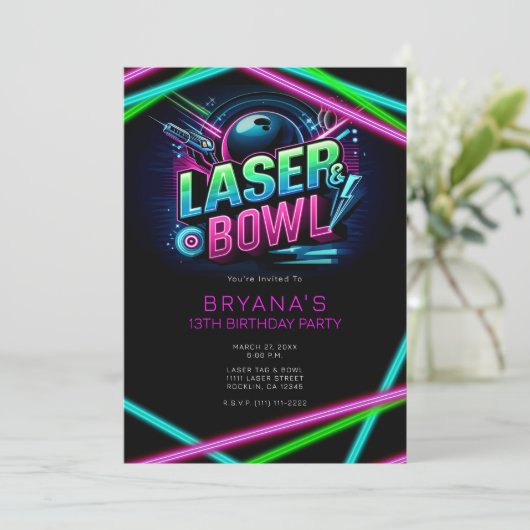 Laser & Bowl Laser Label Bowling Verjaardagsfeest Kaart (Staand voorkant)