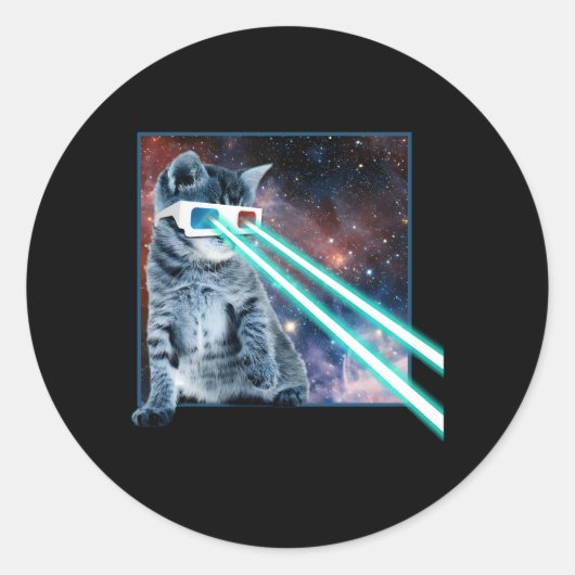 Laser Eyes Space Cat Kat 3D-bril Ronde Sticker (Voorkant)