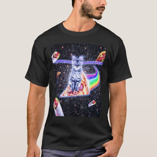 Laser Eyes Space Cat Riding Rainbow Pizza T-shirt (Voorkant)