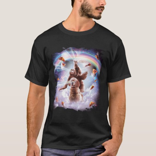 Laser Eyes Space Cat Riding Sloth, Dog Rainbow T-shirt (Voorkant)
