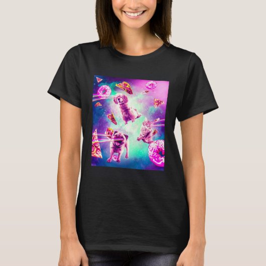 Laser Eyes Space Cat With Dog Pug  Rainbow T-shirt (Voorkant)