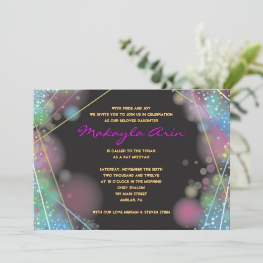 LASER GLOW in de DARK Bar Bat Mitzvah Uitnodiging (Staand voorkant)