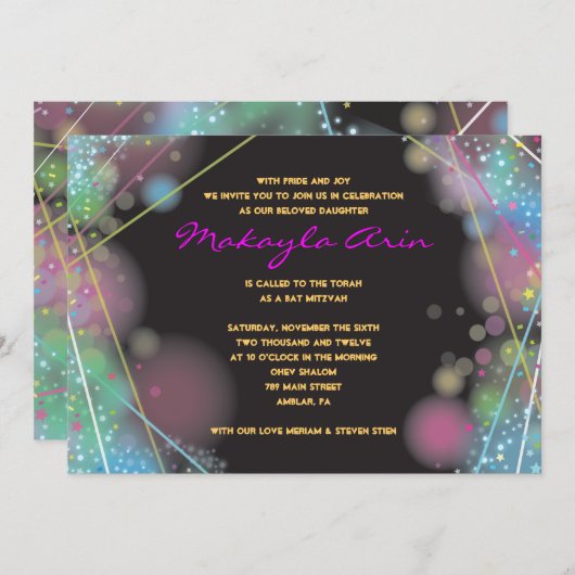 LASER GLOW in de DARK Bar Bat Mitzvah Uitnodiging (Voorkant / Achterkant)