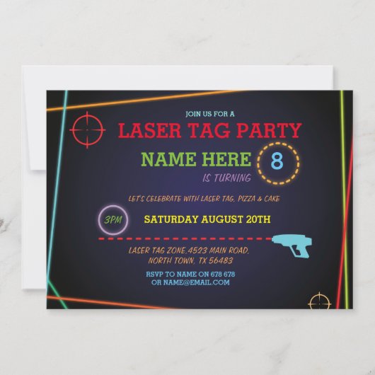 Laser Label Birthday Party Zone Neon Laser Pistool Kaart (Voorkant)