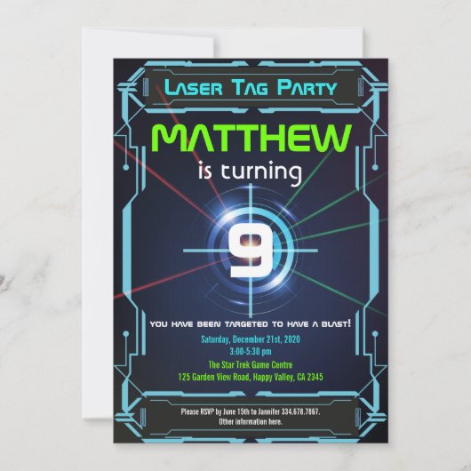 Laser Label Boy Birthday Party Invitation Green Bl Kaart (Voorkant)