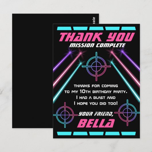 Laser Label Girls Birthday Party Neon Beam Dank u Briefkaart (Voorkant / Achterkant)