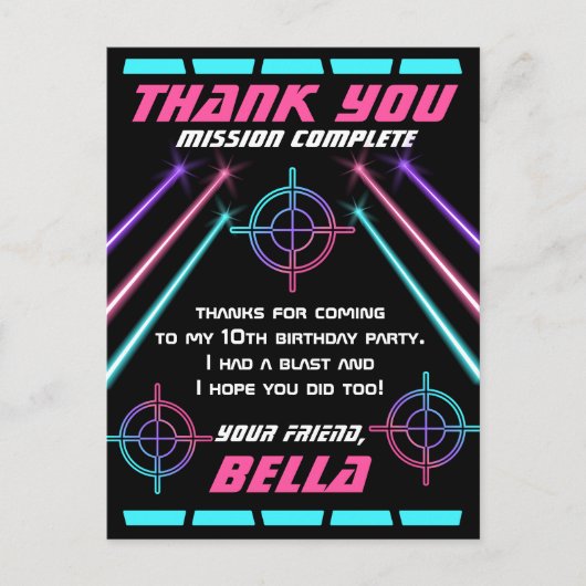 Laser Label Girls Birthday Party Neon Beam Dank u Briefkaart (Voorkant)