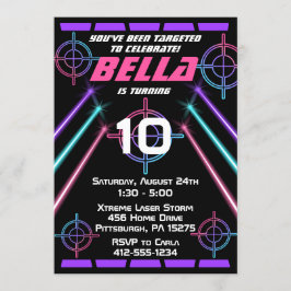 Laser Label Girls Neon Pink Paarse Beams Birthday Kaart