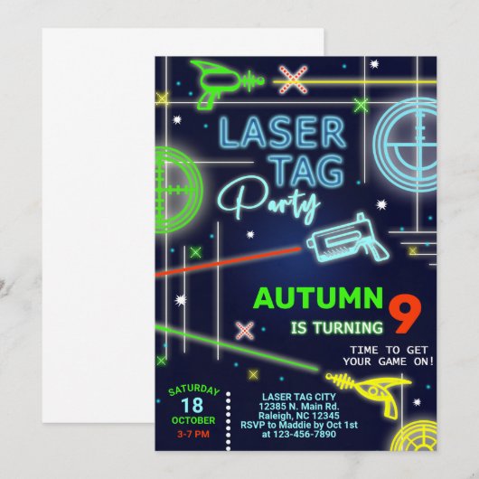 Laser Label neon boy verjaardagsuitnodiging. Kaart (Voorkant / Achterkant)