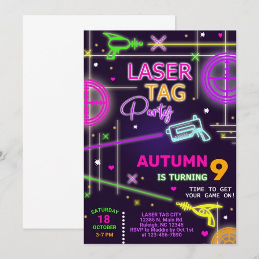 Laser Label neon girl-uitnodiging. Kaart (Voorkant / Achterkant)