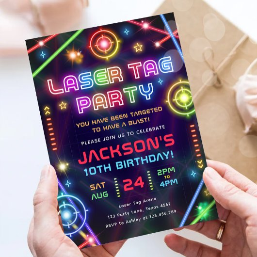 Laser Label Neon Glow Arcade Party Boy Verjaardag Kaart