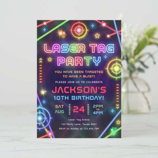 Laser Label Neon Glow Arcade Party Boy Verjaardag Kaart (Staand voorkant)