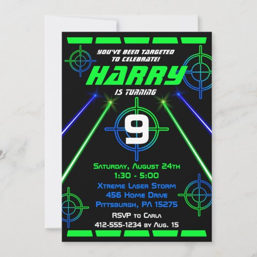 Laser Label Neon Green en Blue Beams Birthday Part Kaart (Voorkant)