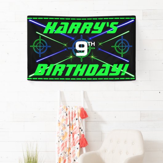 Laser Label Neon Green en Blue Beams Birthday Part Spandoek (Insitu)