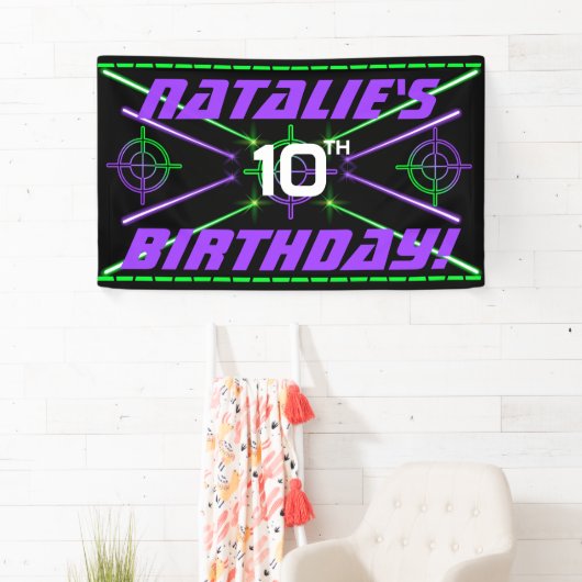 Laser Label Neon Green & Paars Beams Birthday Part Spandoek (Insitu)