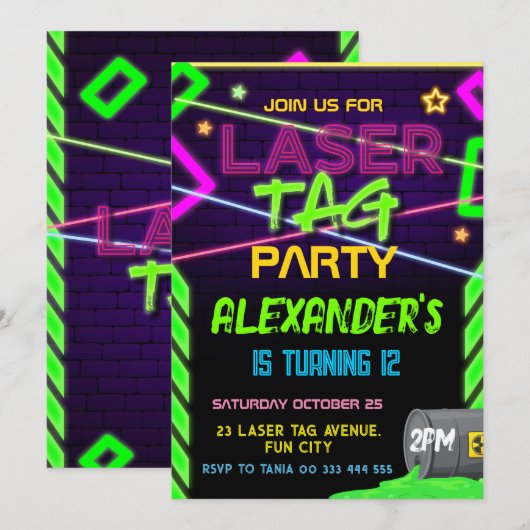 Laser Label Party Neon Verjaardag Kaart (Voorkant / Achterkant)