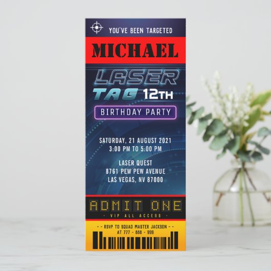 Laser Label Ticket Pass Birthday Party-uitnodiging Kaart (Staand voorkant)