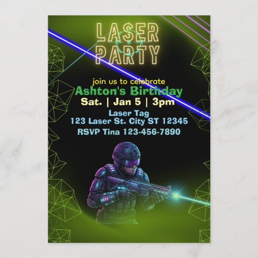 Laser Tag Birthday, Neon and Black Kaart (Voorkant)
