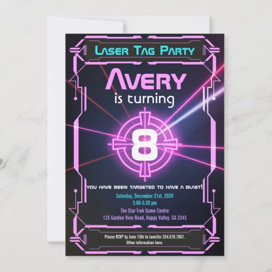 Laser Tag Meisje Verjaardagsfeest Uitnodiging Neon (Voorkant)