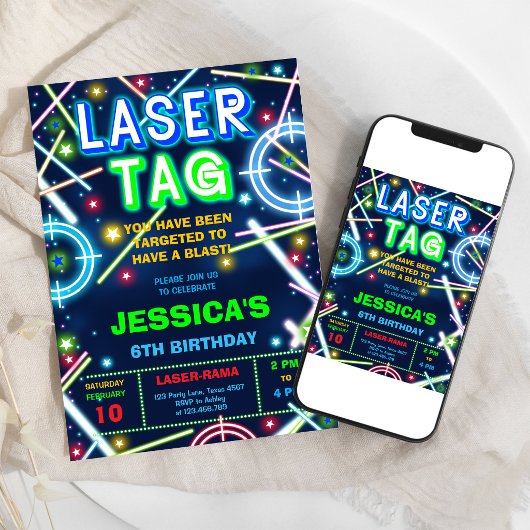 Laser Tag Neon Glow Verjaardagsfeest Uitnodiging