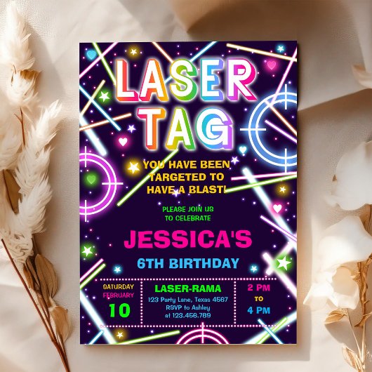 Laser Tag Neon Glow Verjaardagsfeest Uitnodiging