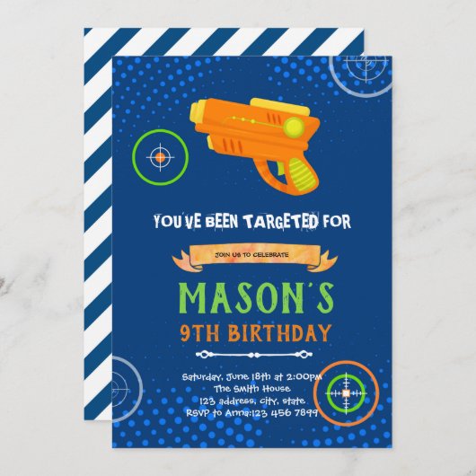 Laser tag pistool verjaardagsuitnodiging kaart (Voorkant / Achterkant)